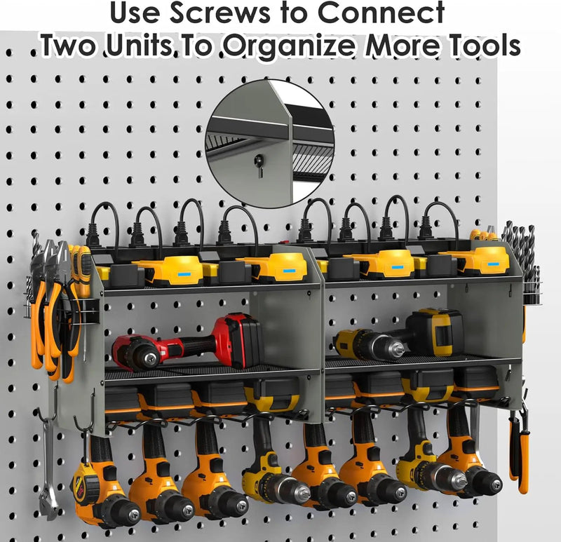 CCCEI Modular Power Tool Organizer Wall Mount with Charging Station. Garage 4 Drill Storage Shelf with Hooks, Drill Bit Heavy Duty Rack, Grey Tool Battery Holder Built in 8 Outlet Power Strip., photo 5 of 6