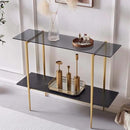 Glass Console Table for Living Room, Foyer & Entrance, 2-Tiers Mid-Century Modern Sofa Table with Grey Glass Top, Black Marble Finish Wood Shelf and Gold Finish Frame by CozyNest Decor