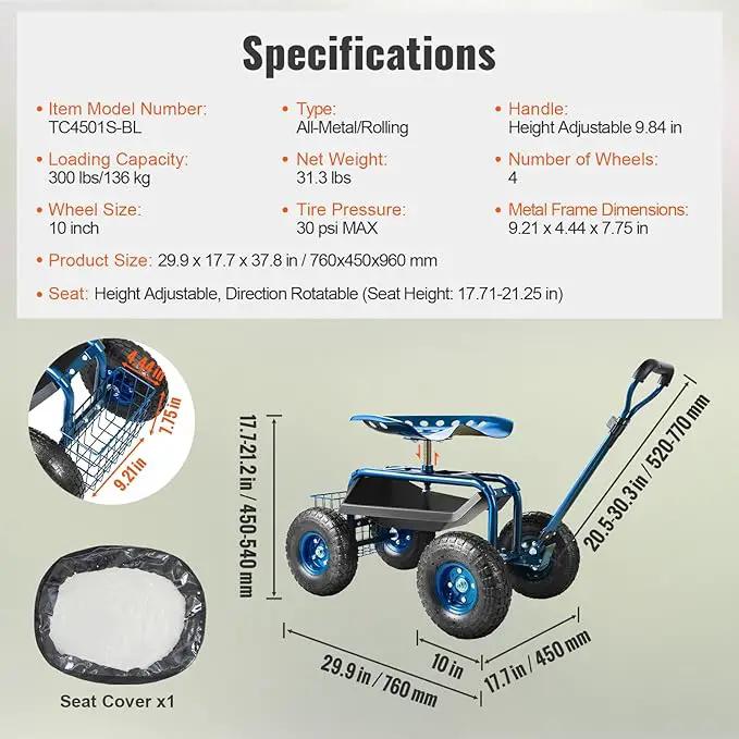 VEVOR Rolling Garden Work Seat with Wheels, Gardening Stool for Planting, 360 Degree Swivel Seat, Garden Scooter with Steering Handle & Tool Tray, Garden Chair for Outdoor, Patio and Yard, Blue, photo 6 of 8
