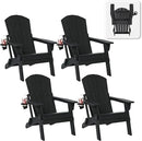 Folding Adirondack Chair Set of 4 with Cup Holder, HDPE All Weather Resistant Plastic Outdoor Patio Chairs, Heavy Duty Fire Pit Seating for Backyard Lawn Garden, Wooden Textured Design(Black) by GreenHaven Gardens