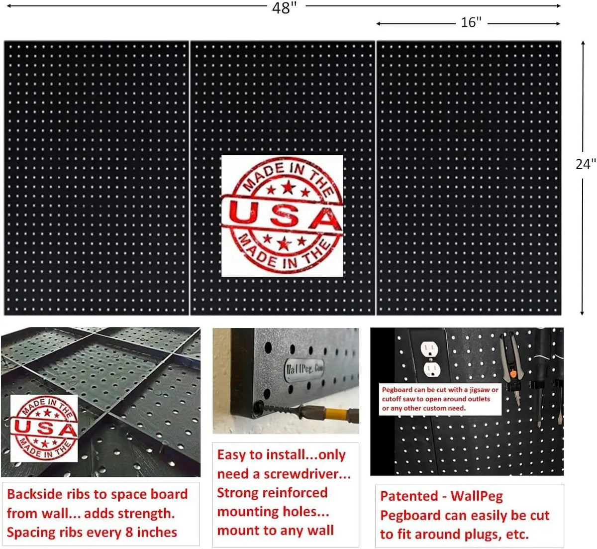 WallPeg 24" x 48" Pegboard Wall Organizer - Kit (PK-312-B) Peg Board Organizer Accessories for Garage pegboard Storage, Tool & Craft Organization with Pegboard. Hooks, and Peg Board Bins, photo 6 of 6