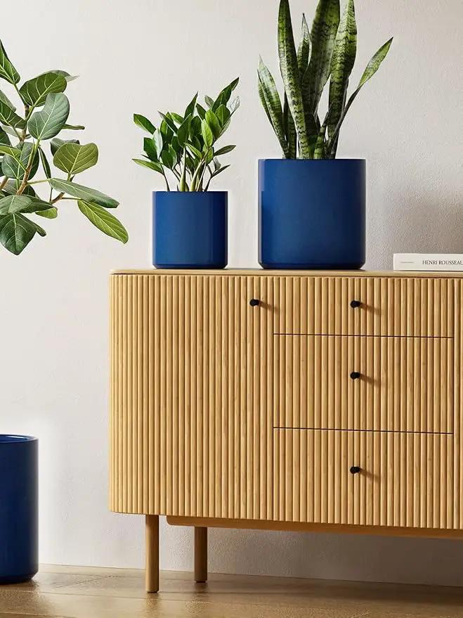 LE TAUCI Ceramic Plant Pots Indoor, 10+8+6 Inch Planters for Indoor Plants, Mid-Century Modern Flower Pots with Drainage Hole and Plug, Cylinder Round Planters, Set of 3, Sapphire Blue, photo 2 of 7