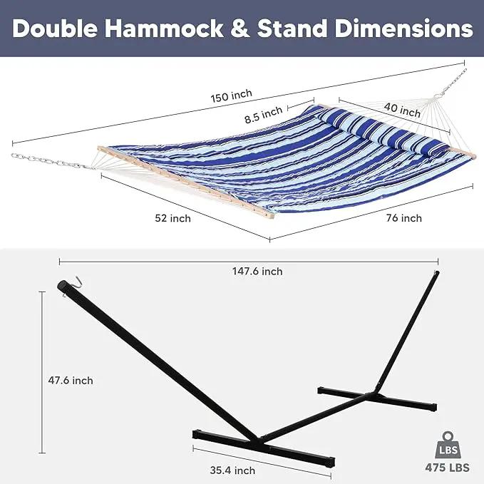 SUNCREAT Double Hammock with Stand, Two Person Cotton Rope Hammock, Blue Stripe, photo 5 of 7