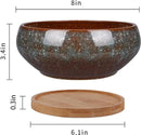 8 Inch Ceramic Bonsai Planter Pot, Glazed Shallow Succulent Planter with Drainage Hole and Bamboo Saucer for Indoor Plants, Brown by GreenHaven Gardens