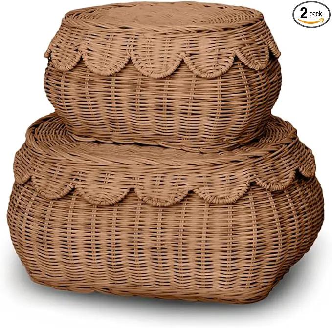 BEBE BASK The Original Scalloped Basket Set Of 2 - Small Scallop Basket - 15 x 10 x 6 In - Hand-Woven & Award-Winning - Elegant Wicker With Scalloped Edge Lid - Nursery Storage - (Mocca)