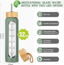 32 oz Glass Water Bottle with Straw - Motivational Time Marker & Silicone Sleeve - Reusable Tumbler Includes 2 Bamboo Lids & Fruit Infuser - 1 Pack by CozyNest Decor