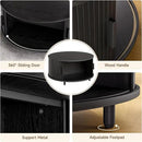 Round Coffee Table with Storage, 31.5" Modern Coffee Table with 360° Curved Sliding Door, Fluted Wood Accent Coffee Table with Adjustable Footpads, Round Center Table for Living Room, Black by CozyNest Decor