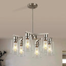6-Light Modern Farmhouse Brushed Nickel Chandelier, Dining Room Light Fixture Over Table Adjustable Height Hanging Industrial Pendant Lights Kitchen Island, Clear Glass Shade by CozyNest Decor