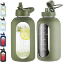 64 oz Glass Water Bottle With Straw and Handle, Half Gallon Sports Motivational Water Jug Flask with Silicone Sleeve, Large Water Cup with Time Marker for Travel, Gym, Army Green by CozyNest Decor
