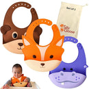 Silly Goose Set of 3 Silicone Animal Baby Bibs for Babies and Toddlers, Waterproof, Adjustable, Soft, Extra Wide Food Catcher Pocket (3PK Fox+Bear+Hippo) by TinyTreasures Baby Boutique