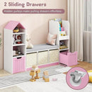 Toy Storage Organizer for Kids Bookshelf with Reading Nook, Multifunctional Kids Bookcase with 7 Storage Cubbies, 2 Movable Drawers and Seat Cushion for Keeping Kids' Toys Books Organized, Pink by CozyNest Decor