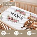Custom Name Crib Bedding Set - Flower Highland Cow Pattern, Personalized Nursery Bedding 3-Piece Set– Soft Blanket, Fitted Sheet, Changing Pad Cover – for Newborns Girls Nursery Gifts by TinyTreasures Baby Boutique