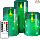 NURADA Flickering Flameless Candles: Built-in Star String Acrylic Battery Operated LED Pillar Candles with Remote and Timer for Home Party Weddings Christmas Halloween Decor -Green 3 Pack by CozyNest Decor