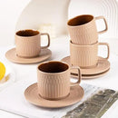 Large Cappuccino Cups with Saucers Set of 4, 8 Ounce Stackable Embossed Ceramic Coffee Mugs for Specialty Coffee Drinks, Latte, Cafe Mocha and Tea, Dishwasher & Microwave Safe (Brown) by CozyNest Decor