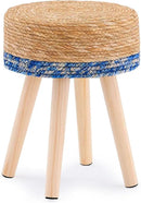 Handwoven Outdoor Ottoman, Water Hyacinth Pouf Round Patio Footstool with Wood Legs, 17-Inch Multipurpose Vanity Stool, Dining Chair, Patio Footrest for Balcony and Garden, Blue by CozyNest Decor
