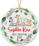Unifury Personalized Baby First Christmas Ornament 2024, Keepsake for Babies First Christmas Tree, Holiday Decor for Celebrating Ceramic Babys 1st Christmas Ornament 2024, Safari Animal Holly by TinyTreasures Baby Boutique