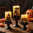 Wondise Halloween Flameless Flickering Candles with 6 Hour Timer, Battery Operated Real Wax Halloween Candles Set of 3 Halloween Decoration Grim Reaper, Haunted House, Pumpkin (3 x 4 5 6 Inch) by CozyNest Decor