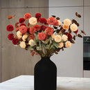 Fall Flowers, Burnt Orange Faux Kiku Flowers Artificial 10 Stems + Eucalyptus, Fake Silk Mums Fall Floral Centerpiece, Autumn Decor, Terracotta Mini Balls Faux Stems For Vase, Decoración de Otoño by CozyNest Decor