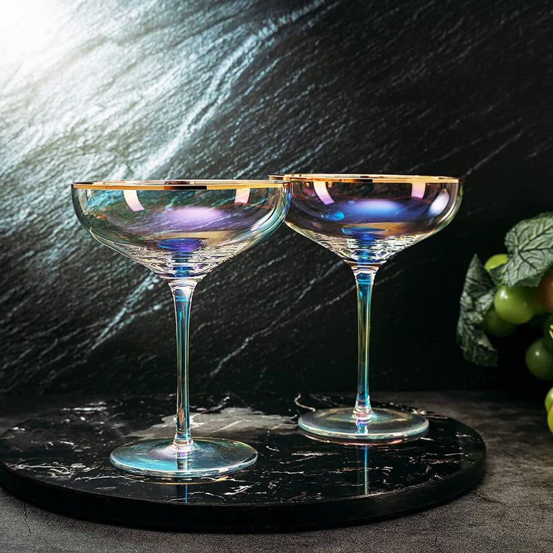 Iridescent Colored Gilded Rim Coupe Glass, 2-Set Large 9oz Rainbow Cocktail & Champagne, Luster Pearl Glasses Vibrant Color Gold Vintage Tumblers, No Stem Margarita, Glassware Gift - The Wine Savant