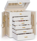 AKOZLIN 6-Tier Jewelry Box Organizer Functional 5 Drawers Leather Jewelry Storage Case for Women Girls Ring Necklace Earring Bracelet Holder Organizer with Mirror White by TinyTreasures Baby Boutique