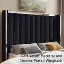 Jocisland King Size Bed Frame with 58" Tall Headboard, Velvet Upholstered Platform Bed with Channel Tufted Wingback Headboard and Plating Trim, No Box Spring Needed, Black by CozyNest Decor