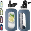 64 oz Glass Water Bottle With Straw and Handle, Half Gallon Sports Motivational Water Jug Flask with Silicone Sleeve, Large Water Cup with Time Marker for Travel, Gym, Dark Blue by CozyNest Decor