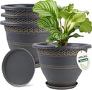 4 Pack 12 Inch Large Plant Pots, Plastic Flower Pot for Indoor & Outdoor with Drainage Holes & Saucer, Plaid Pattern Planters Garden Pots for Herbs by CozyNest Decor