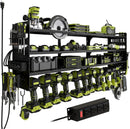 12 Cordless Drill Holder Large Power Tool Organizer Wall Mount with Side Pegboard & Screwdriver Holder, 4-Tier Heavy Duty Metal Tool Storage Rack with 4-Outlet Power Strip by GreenHaven Gardens
