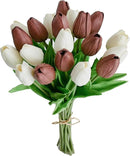 Mandy's Artificial Tulips 20 Stems White and Brown PU Faux Flowers for Wedding Home Decor 13.5 Inch by CozyNest Decor