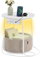 VASAGLE Side Table with Charging Station, Round End Table with Fabric Basket, LED Nightstand with Power Outlets, USB Ports, for Living Room, Bedroom, Modern, Matte White and Camel Brown ULET227W01 by CozyNest Decor