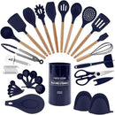 Country Kitchen Non Stick Silicone Utensil Set with Rounded Wood Handles for Cooking and Baking, 38 Piece Set, Navy by CozyNest Decor