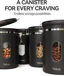 Veken Large Coffee Canister with Window, Rice Kitchen Food Storage Airtight Stainless Steel Container with Lids, Date Tracker and Scoop, Grounds, Beans, Tea, Flour, Cereal, Sugar Jars, 38oz, Black by CozyNest Decor