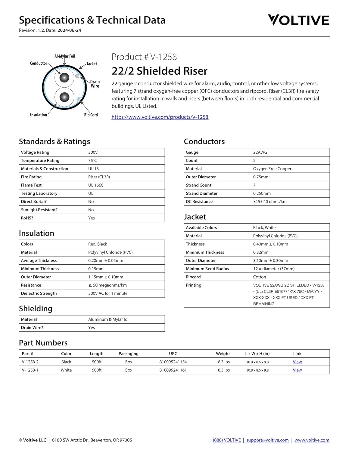 Voltive 22/2 Shielded Riser - CL3R Rated - Bare Copper - 500 Foot Box - White, photo 6 of 6