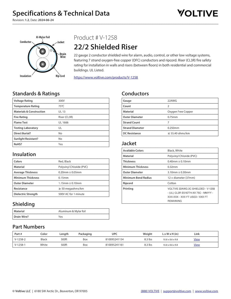 Voltive 22/2 Shielded Riser - CL3R Rated - Bare Copper - 500 Foot Box - White, photo 6 of 6