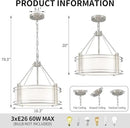 16.3''Drum Chandelier 3-Light Brushed Nickel Modern White Fabric Chandeliers Adjustable Drum Pendant Light for Dining Room Kitchen Island Hallway Living Bedroom by CozyNest Decor