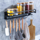 Wall Mount Storage Holder，Stainless Steel Strong Shelf with 6 Removable Hooks, Spice Rack Organizer，Kitchen Organizer Shelf, Space Saving Spice Rack and Kitchen Storage (black) by CozyNest Decor