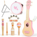 Kids Guitar Set for Girls - Toys for 2 3 4 Year Old Girl Birthday Gifts - 7 in 1 Wooden Montessori Musical Instruments with Ukulele/Tambourine/Maracas/Flute for Toddler 2-5(Pink) by TinyTreasures Baby Boutique