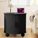 24" Large Fluted Round End Table with Charging Station, Farmhouse Cricle Sofa Side Table with Sliding Door and Storage, Rustic Curved Wood Nightstand for Living Room, Bedroom,Black by CozyNest Decor