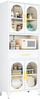 75” Tall Kitchen Pantry Storage Cabinet, Metal Storage Cabinet with 1 Drawer and Adjustable Shelves, Kitchen Pantry Cupboard, Freestanding Cupboard for Bathroom, Living Room (White-Glass Door) by CozyNest Decor