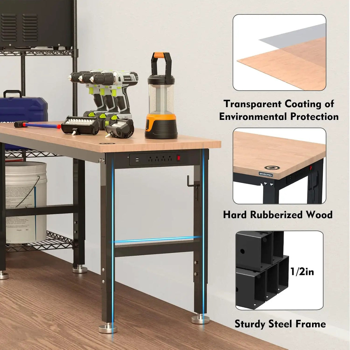 WORKPRO 60" Adjustable Workbench, Rubber Wood Top Heavy-Duty Workstation, 2000 LBS Load Capacity Hardwood Worktable with Power Outlets, for Workshop, Garage, photo 5 of 6