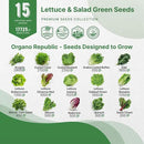 Organo Republic 15 Lettuce & Salad Greens Seeds Variety Pack 17700+ Non-GMO Heirloom Lettuce Seeds for Indoors & Outdoors Garden, Hydroponics, Aerogarden - Arugula, Kale, Spinach, Swiss Chard, Lettuce by GreenHaven Gardens