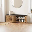 2-Tier Storage Bench, Shoe Bench with Padded Seat Cushion, Entryway Bench with 4 Barn Doors, Adjustable Shelf, 13.8" D x 47.2" W x 17.7" H, for Entryway, Living Room, Bedroom, Rustic Walnut by CozyNest Decor