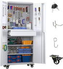 Garage Storage Cabinet with Locking Doors and 2 Adjustable Shelves, 71" H Metal Rolling Tool Storage Cabinet with Wheels, Drawer, Pegboard and 16 Hooks for Garage, Warehouse, White and Gray by GreenHaven Gardens