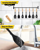 Silicone Kitchen Utensil Set for Non Stick Cookware, 7 Pcs Heat Resistant Cooking Utensils with Wooden Handle, BPA Free Kitchen Tools with Spatulas, Spoons, Skimmer and Pasta Fork (BLACK) by CozyNest Decor