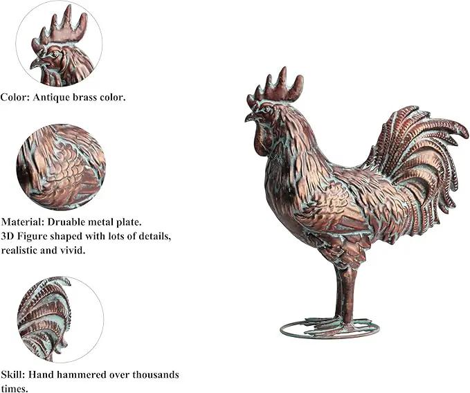 Garden Rooster Statues,15.7" L x 18.8" H Outdoor Metal Chicken Figurines,Antique Copper Chicken Sculptures & Statues Ornaments,3D Large Yard Rooster Decor for Home Kitchen Patio Farm, photo 8 of 8