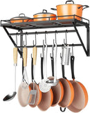 OROPY 23 Inch Wall Mounted Pot Rack Storage Shelf with 2 Tier Hanging Rails 12 S Hooks included, Ideal for Pans, Utensils, Cookware, Plant Black by CozyNest Decor