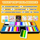 Face Painting Kit for Kids & Adults, Non-Toxic Water Based Face Paint Palette with12 Rainbow Split Cakes +4 Sequins Gels, Includes Brush, Stencils, Gem Sponge & Glow Stickers Halloween Body Paint by TinyTreasures Baby Boutique