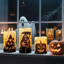 Wondise Halloween Flameless Flickering Candles with 6 Hour Timer, Battery Operated Real Wax Halloween Candles Set of 3 Halloween Decoration Grim Reaper, Haunted House, Pumpkin (3 x 4 5 6 Inch) by CozyNest Decor