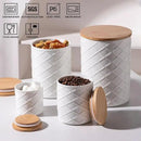 Sweejar Ceramic Canisters Sets for Kitchen Countertop, Relief Food Storage Jar with Bamboo Lid, Stackable Container for Flour, Coffee, Pasta, Cereal, Tea, Cookies, Sugar, Spices, Pack of 4 (White) by CozyNest Decor