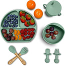O'doe 17-Piece BPA-Free Silicone Baby Feeding Set | Thick & Soft Suction Plates, Baby Bowls, Wooden Fork & Spoon, and More | Make Mealtime Fun and Easy for Your Little One (Beige and Green, V3) by TinyTreasures Baby Boutique